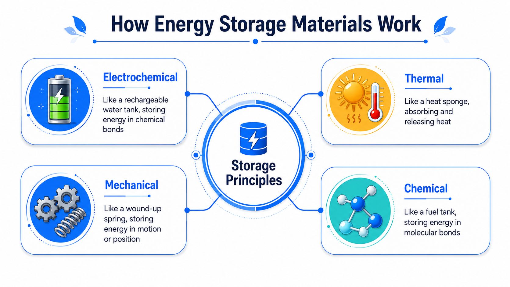An infographic showing four principles of energy storage materials: electrochemical, mechanical, thermal, and chemical energy storage.