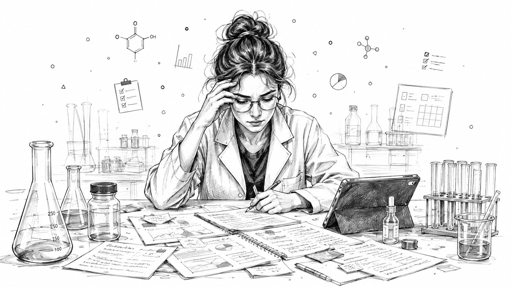 A focused female scientist in a lab coat reviewing research data and notes at her workstation.