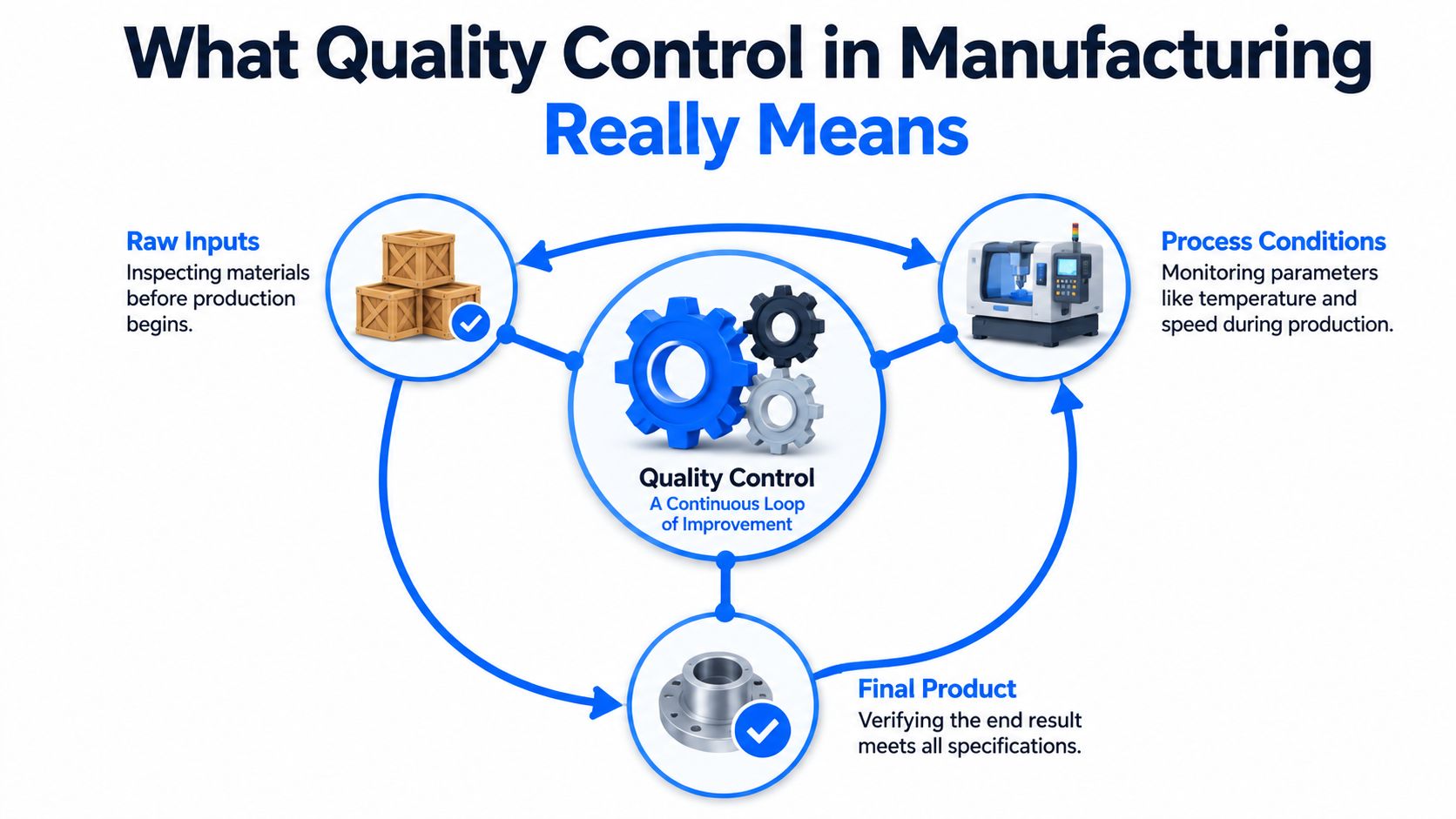 A diagram illustrating quality control in manufacturing as a continuous loop involving raw inputs, process conditions, and final products.
