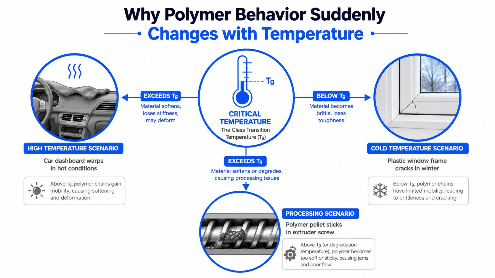 A diagram explaining how temperature affects polymer behavior relative to the glass transition temperature, Tg, with examples.