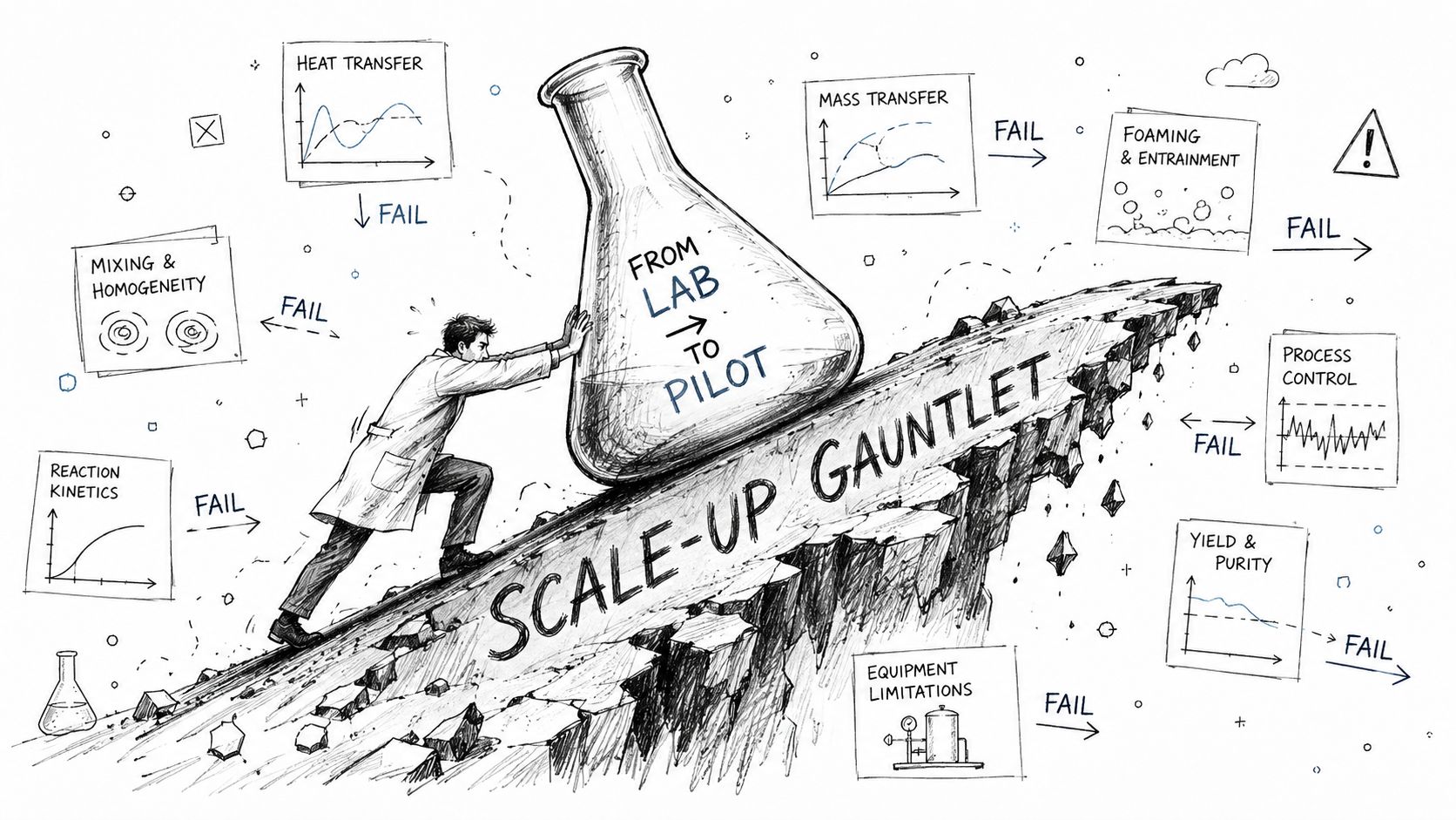 A scientist pushing a large flask up a rocky hill labeled scale-up gauntlet, representing process development challenges.