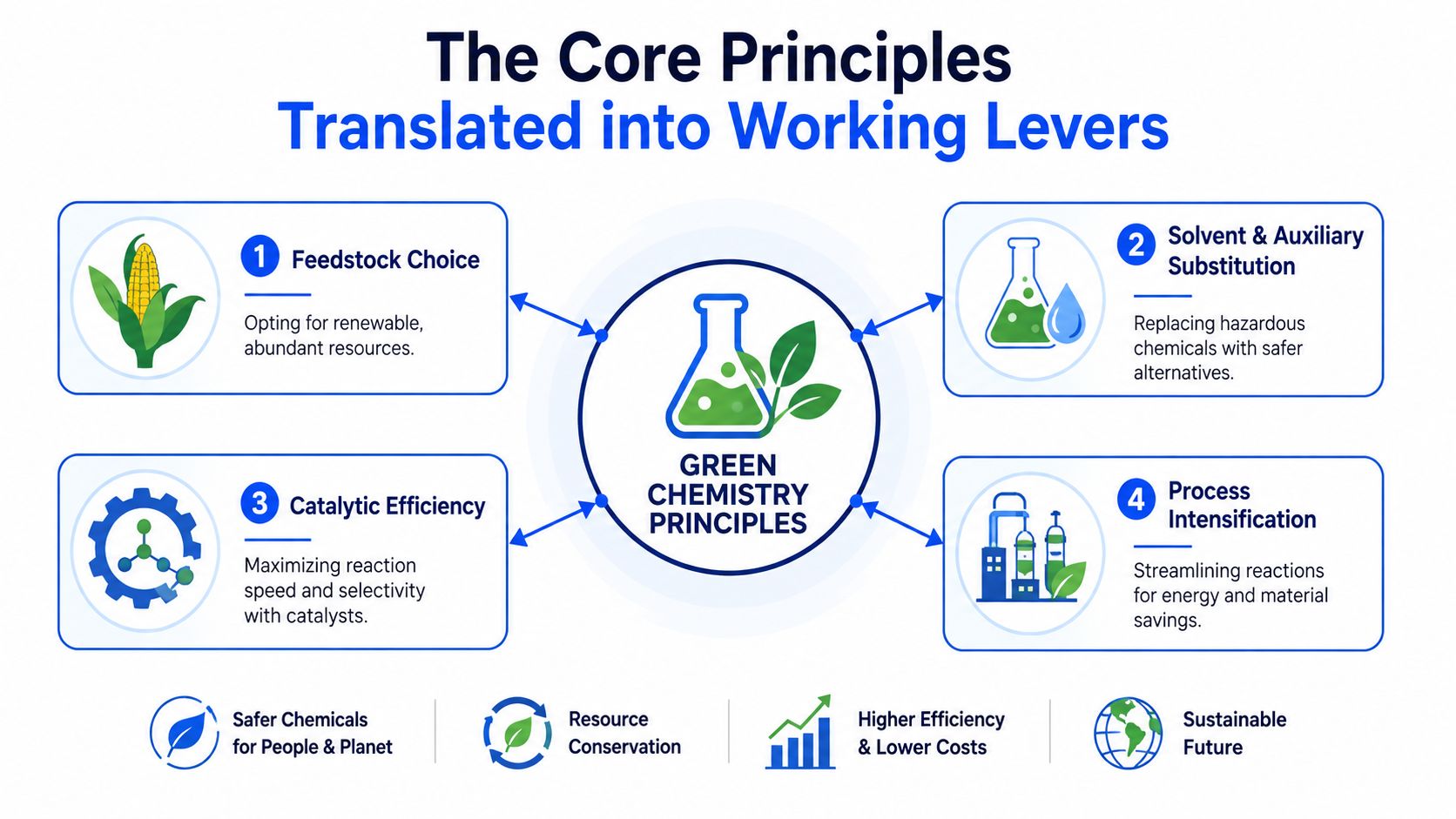 A diagram illustrating four working levers of green chemistry principles for sustainable industrial and chemical manufacturing processes.