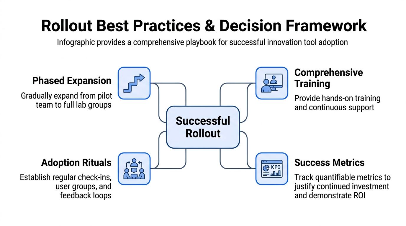 An infographic diagram illustrating four best practices for achieving a successful innovation tool rollout in organizations.