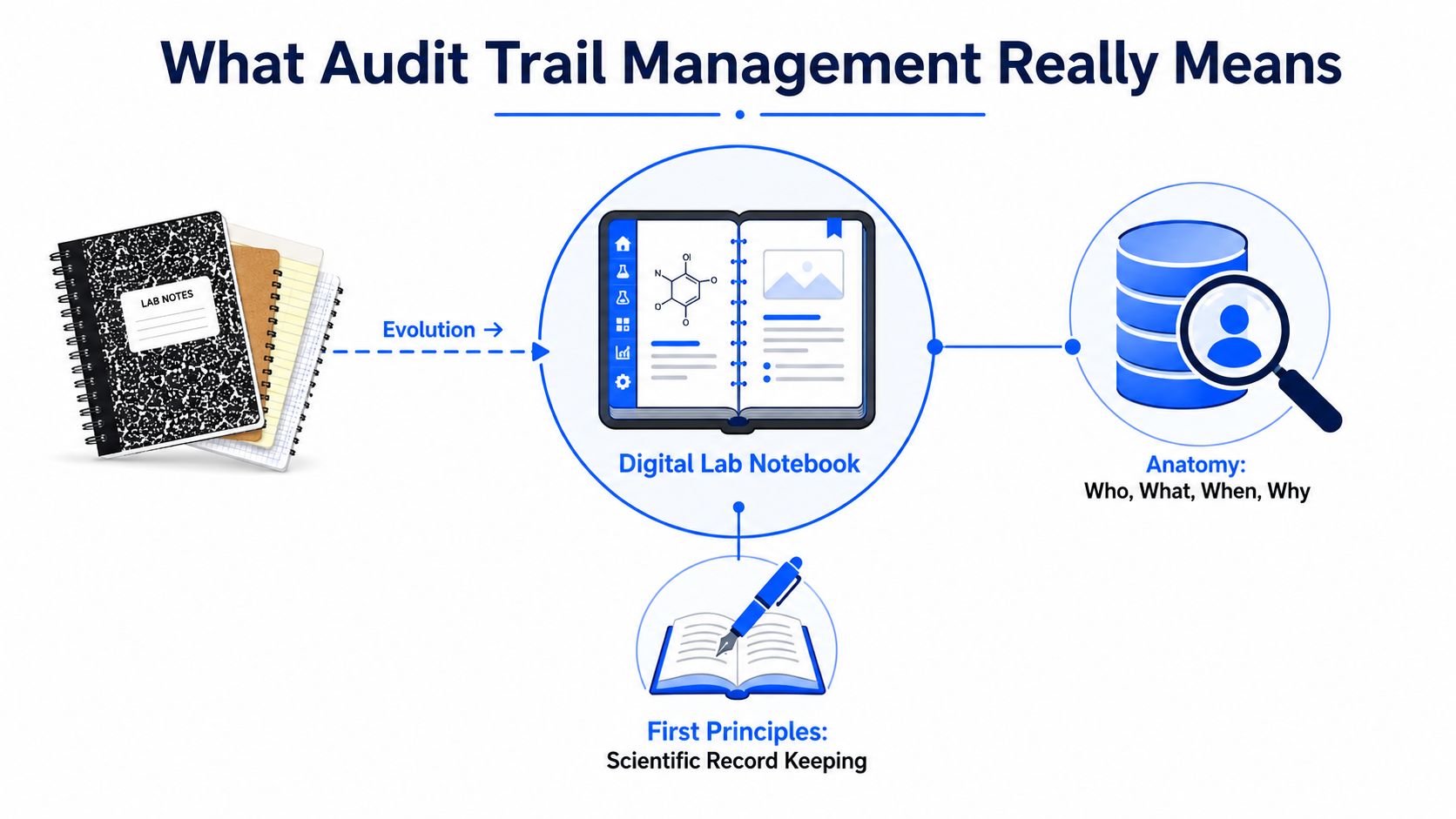 A diagram illustrating the evolution of scientific record keeping from physical lab notebooks to digital audit trail management systems.