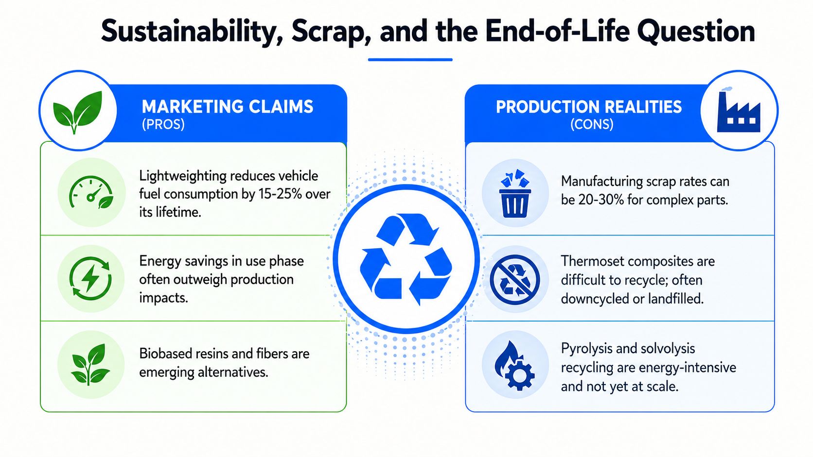 A comparison infographic showing marketing claims and production realities regarding the sustainability of lightweight composite materials.