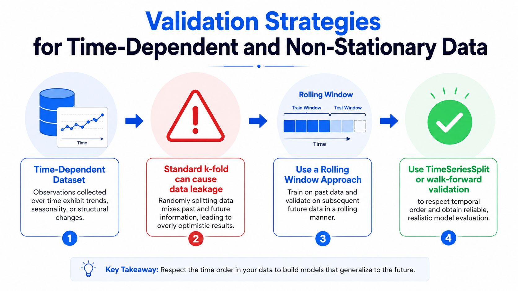 A diagram illustrating how to correctly validate time-dependent and non-stationary data for machine learning models.
