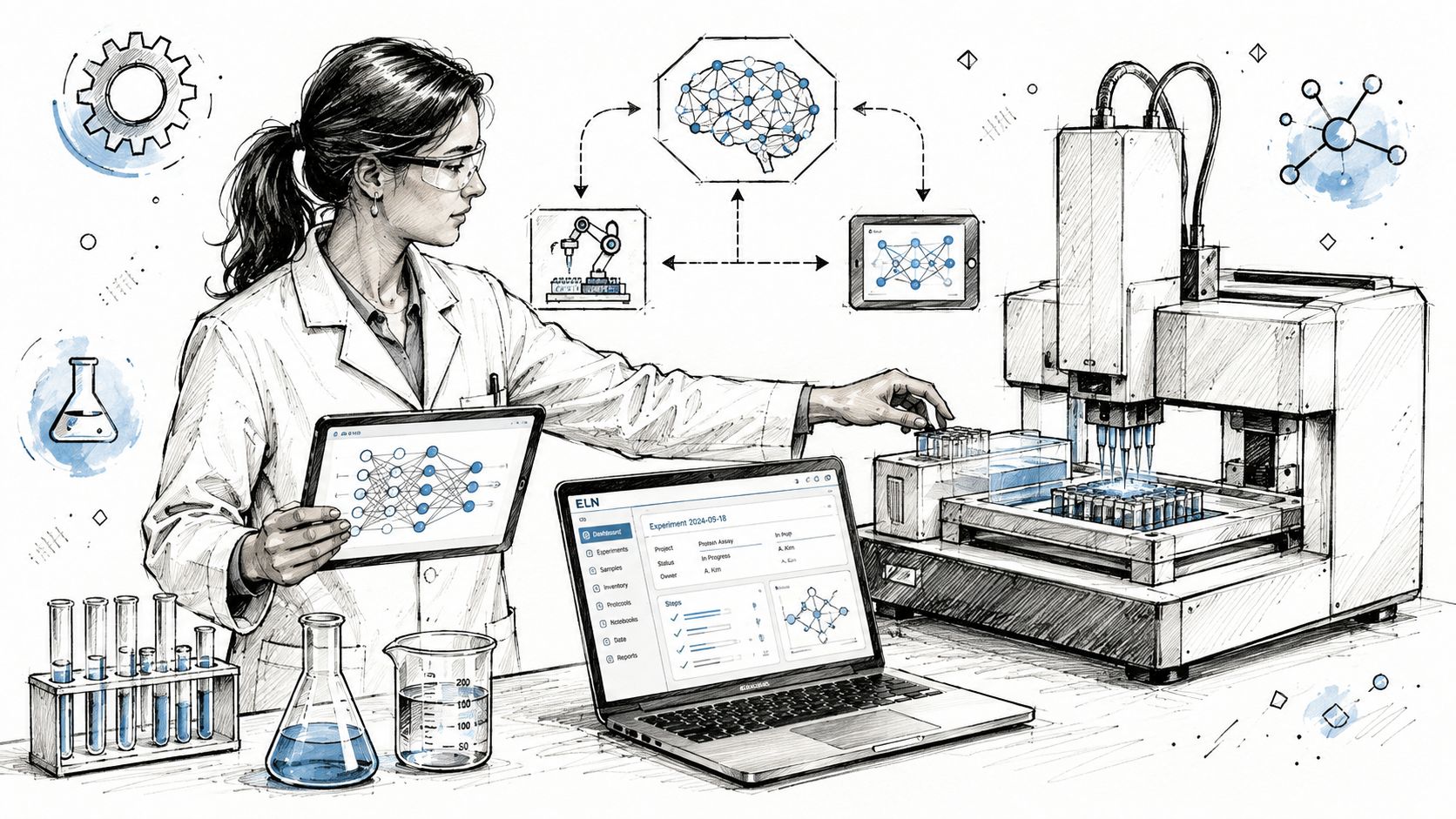 A scientist uses digital tools and laboratory automation to manage an experiment in a modern facility.