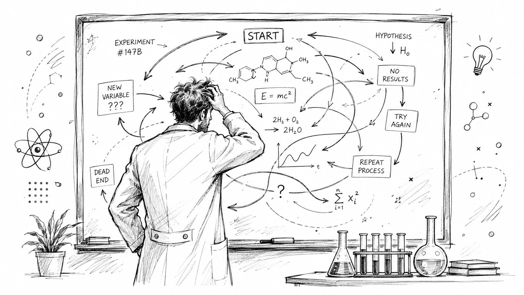 A scientist in a lab coat looks at a whiteboard filled with complex scientific diagrams and flowcharts.