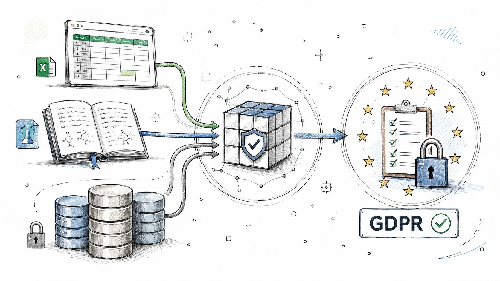 A hand-drawn infographic showing data being collected from documents, spreadsheets, and databases into a secure GDPR compliance process.