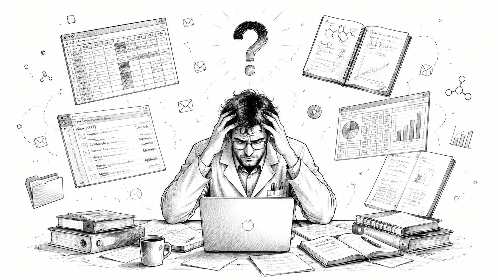 A stressed researcher surrounded by piles of documents, data charts, and digital tasks feeling overwhelmed at work.