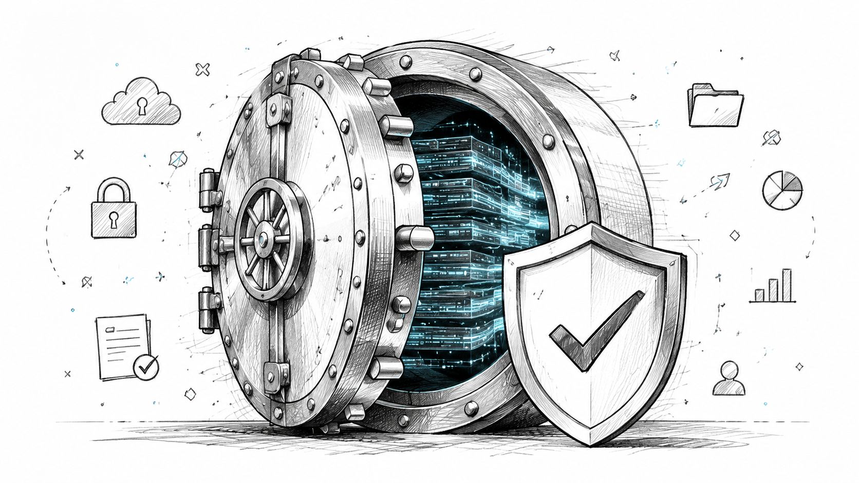 A pencil-style illustration of a large bank vault protecting server racks, symbolizing secure data management.