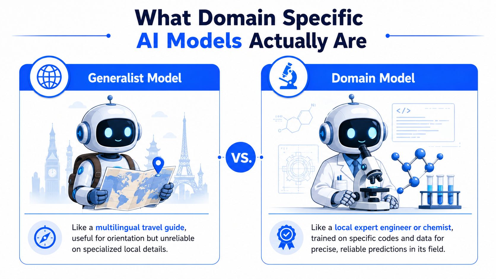 A comparison chart illustration contrasting a Generalist AI model, depicted as a travel guide, with a Domain-Specific AI model.