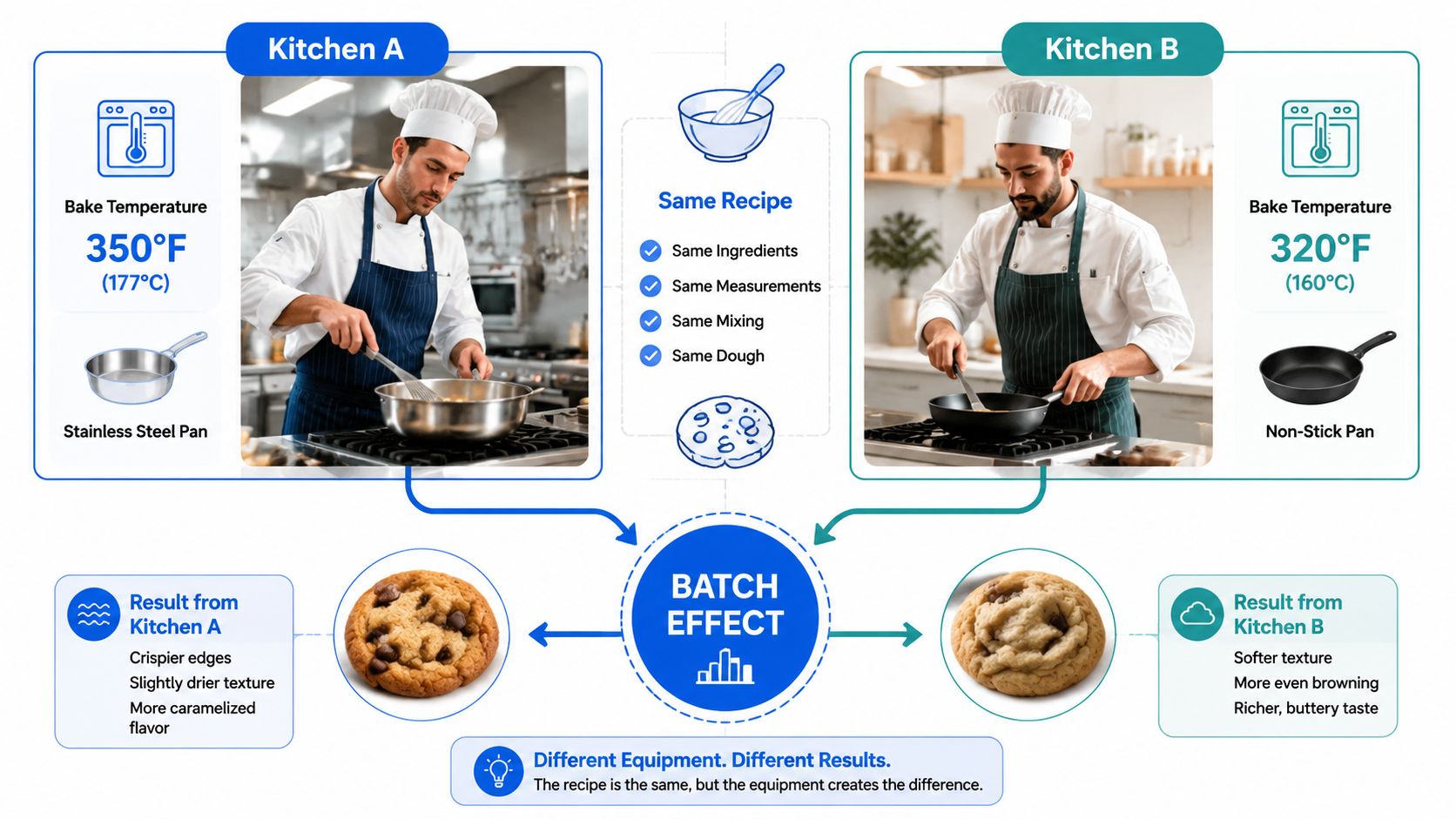 A diagram comparing cooking results from two kitchens to illustrate how equipment affects the final baked product.