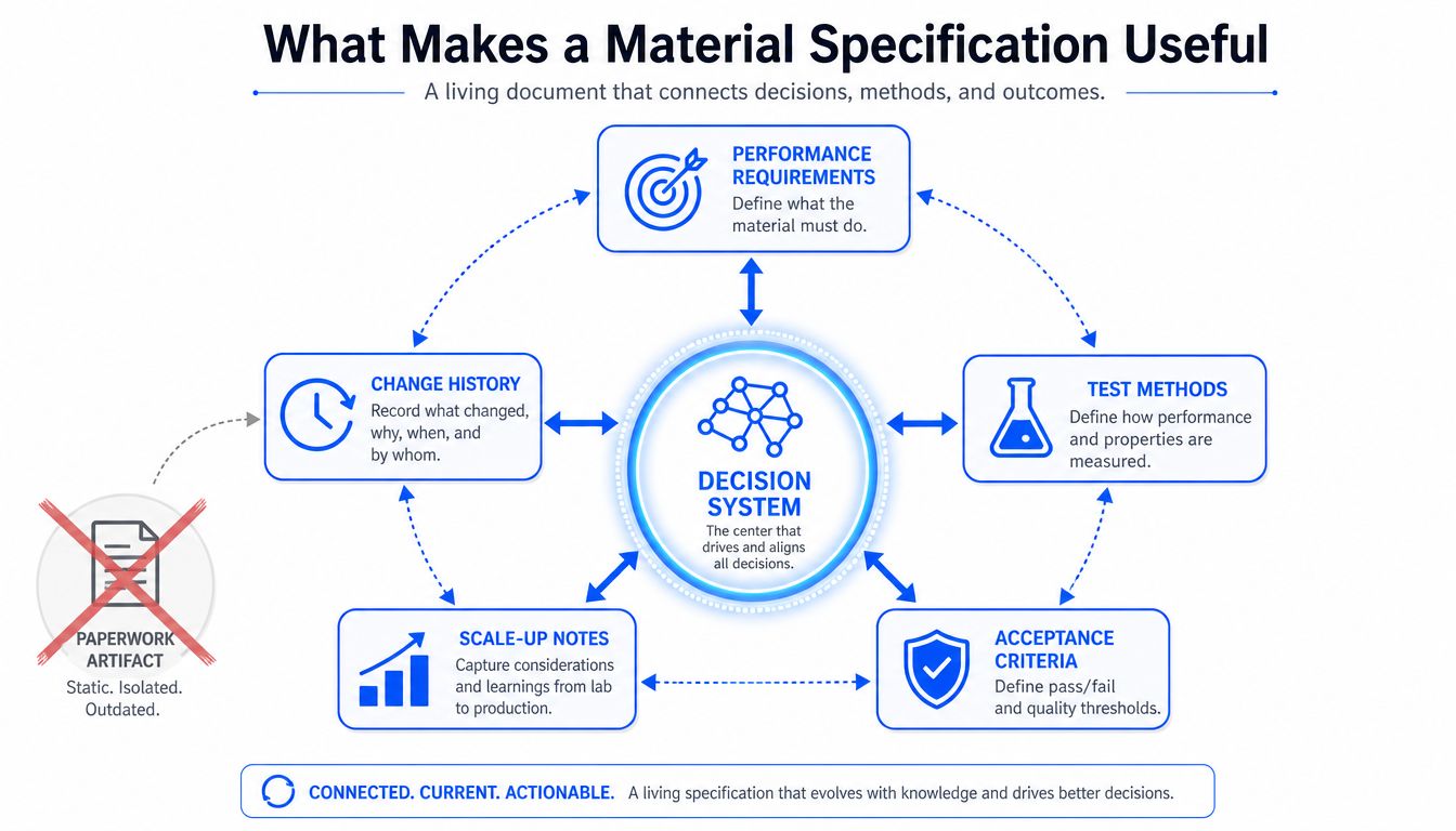 A diagram illustrating how a material specification functions as a dynamic system connecting requirements, tests, and decisions.