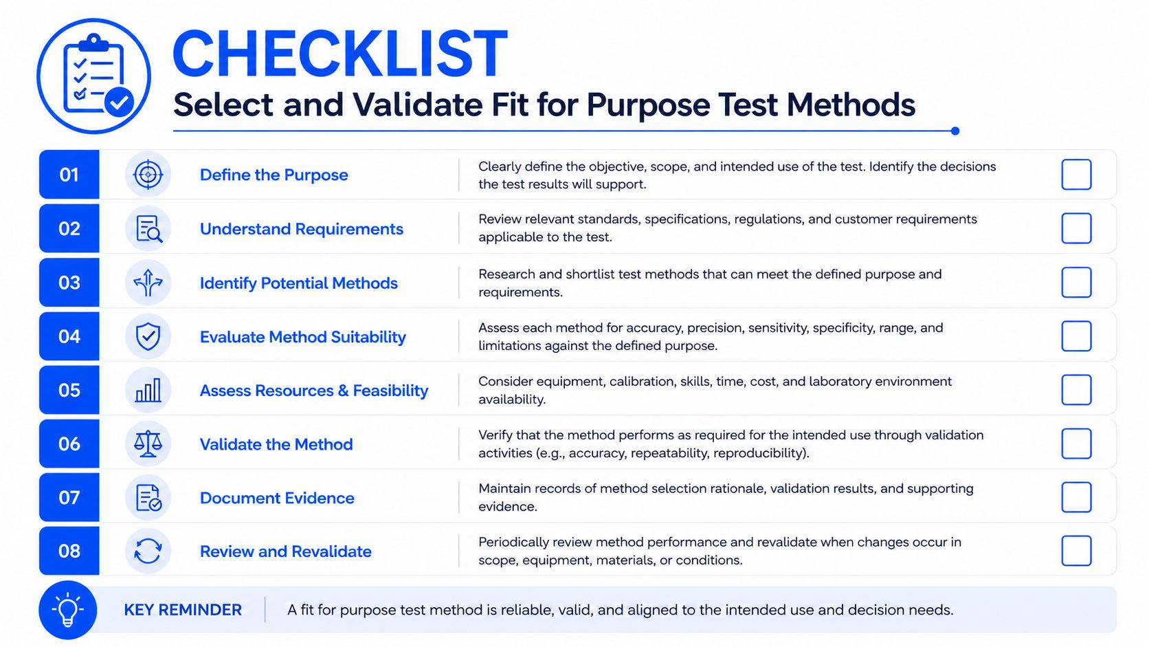 A checklist for selecting and validating fit-for-purpose test methods featuring eight numbered steps with associated icons.