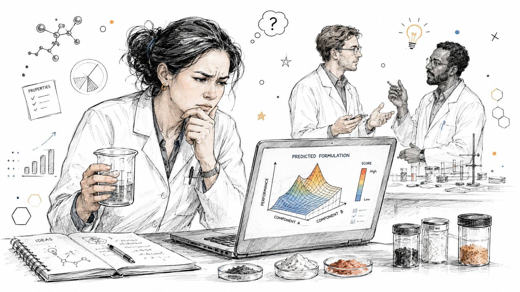 A scientist in a laboratory uses interpretable machine learning software to analyze chemical formulation performance data.