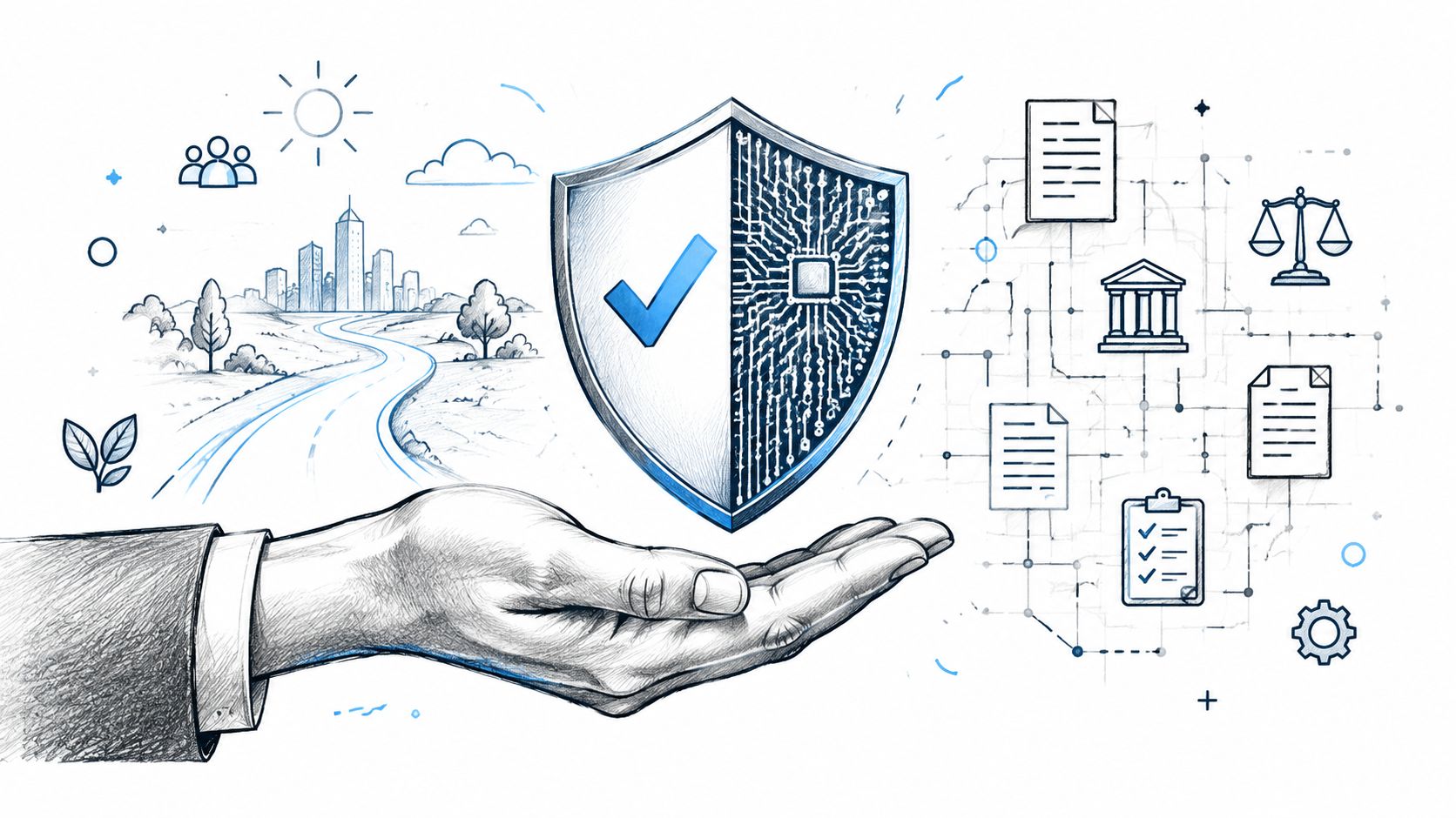 A hand holding a digital shield with a checkmark and circuit design, representing secure technology adoption strategies.