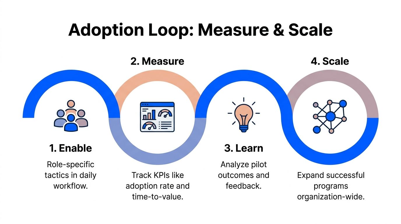 A four-step diagram illustrating the adoption loop process for measuring and scaling organizational strategies.