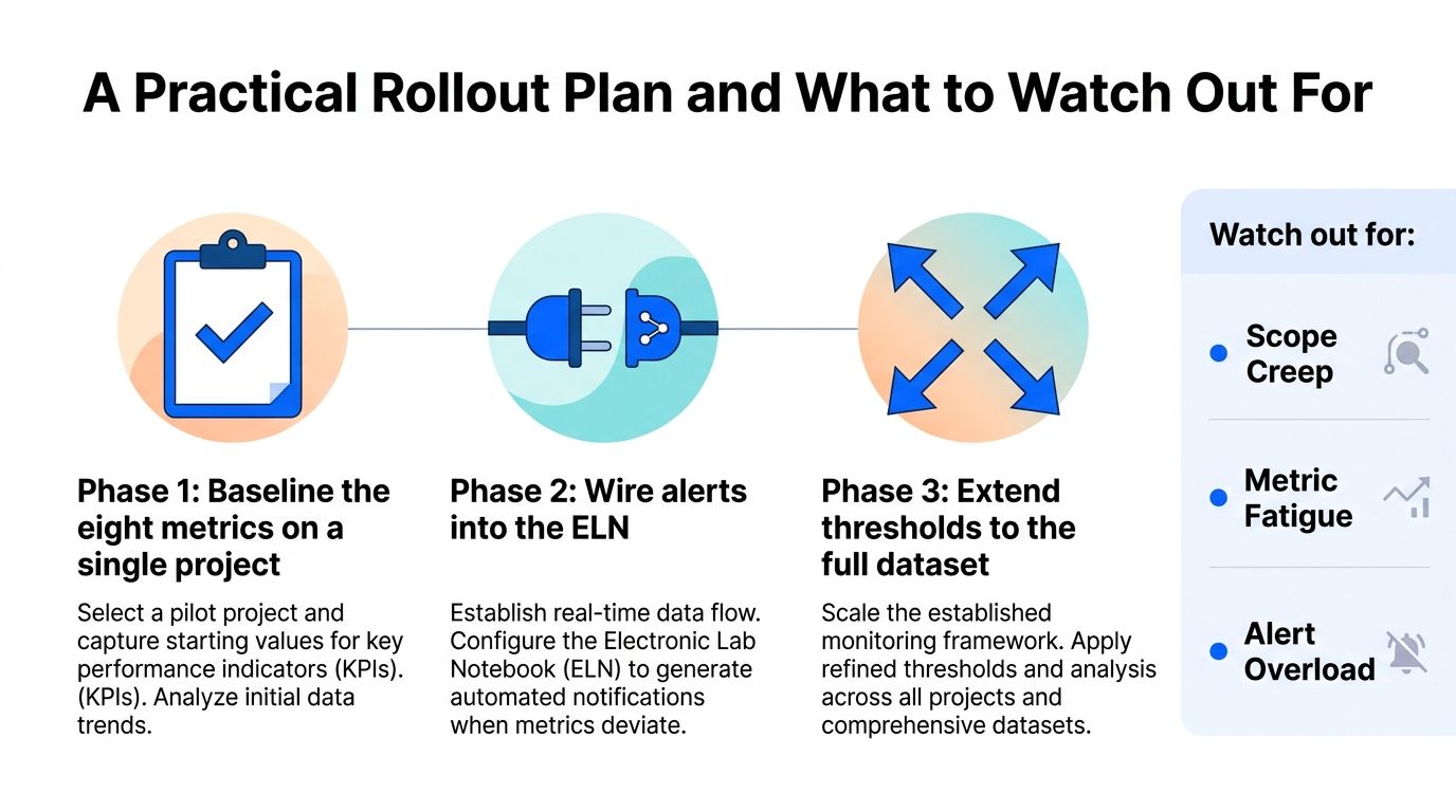 A three-phase rollout plan for implementing data quality metrics and monitoring in a laboratory environment.