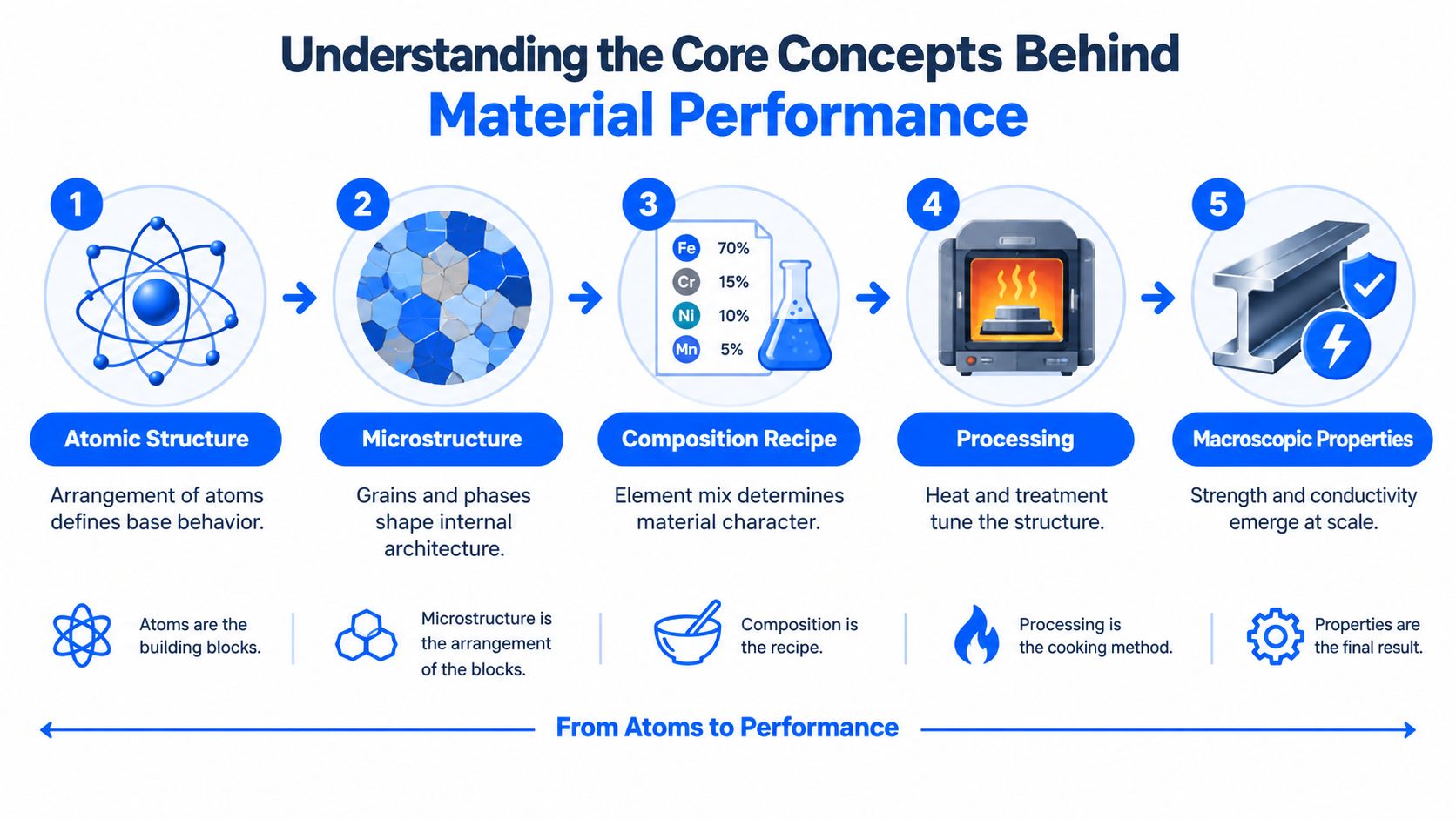 An infographic illustrating five stages of material performance from atomic structure to macroscopic engineering properties.