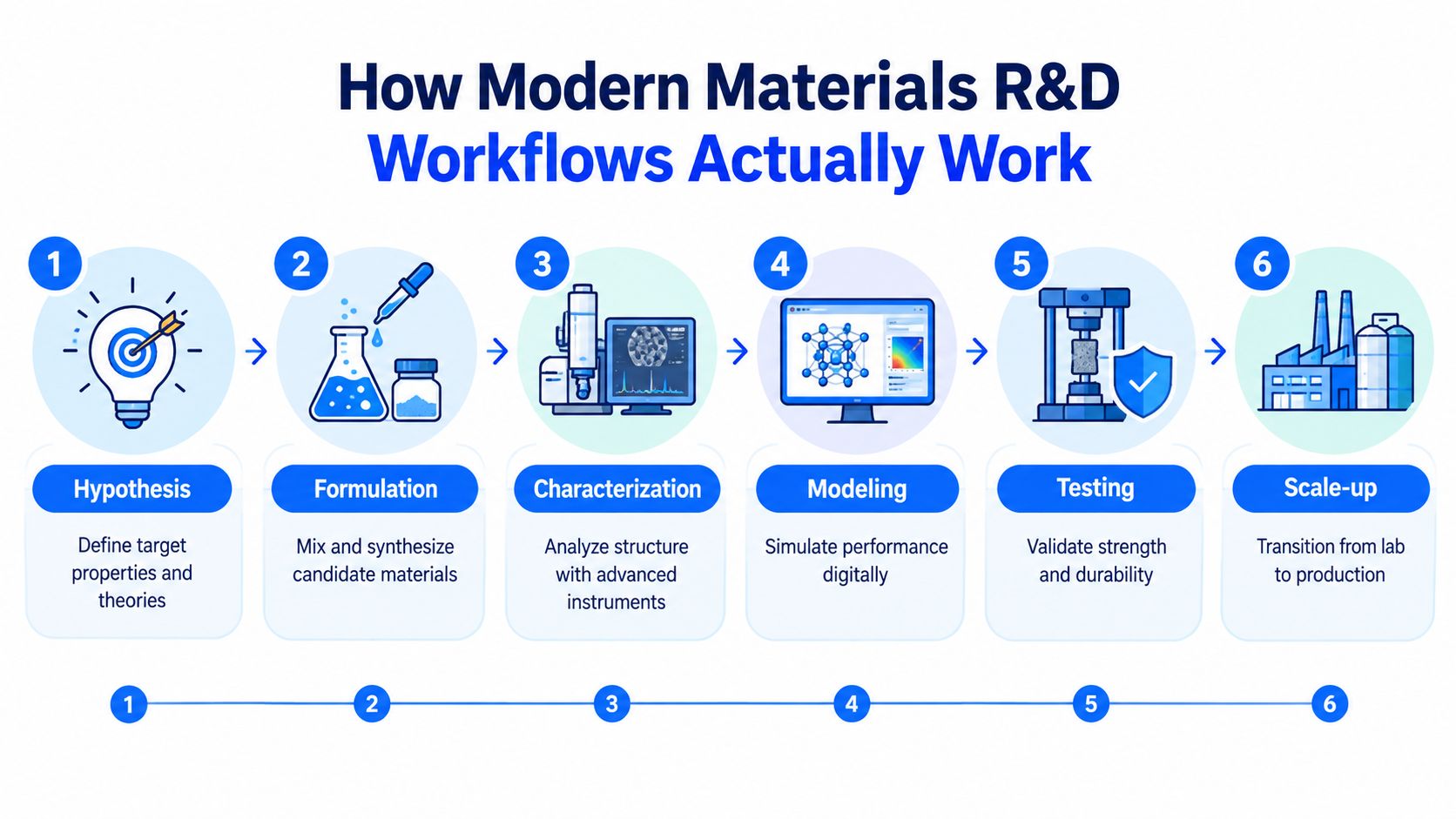 A flowchart showing the six sequential stages of modern materials R&D, from hypothesis to industrial scale-up.