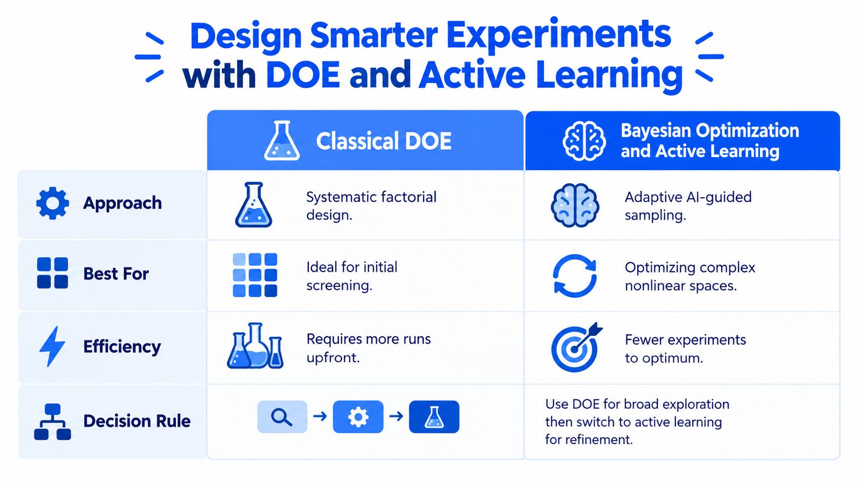 A comparison chart outlining the differences and synergies between classical design of experiments and active learning techniques.