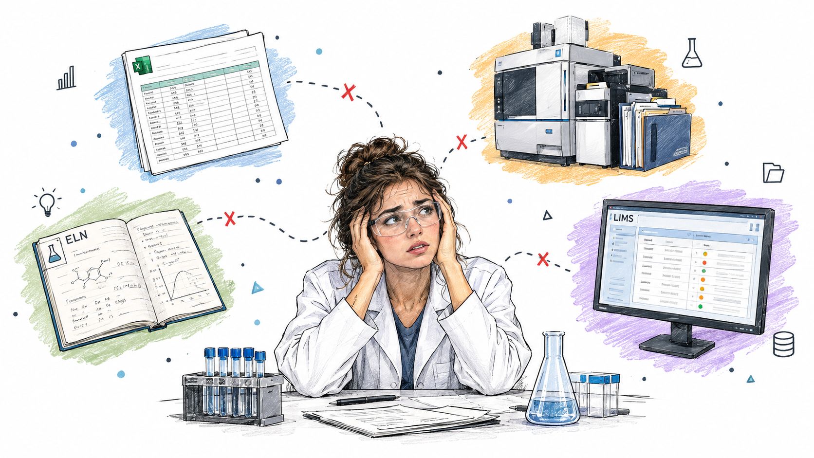 A stressed scientist overwhelmed by managing scattered data from spreadsheets, laboratory notebooks, and different computer systems.
