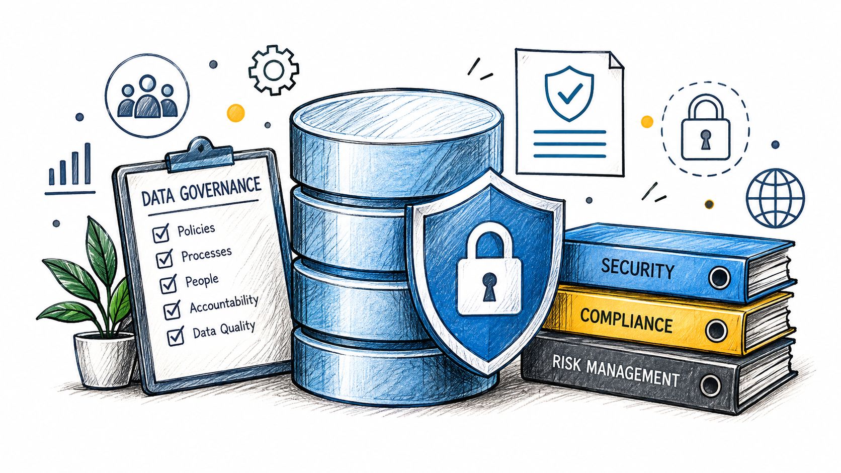 A conceptual illustration representing data governance, cybersecurity, compliance, and risk management with database and document icons.