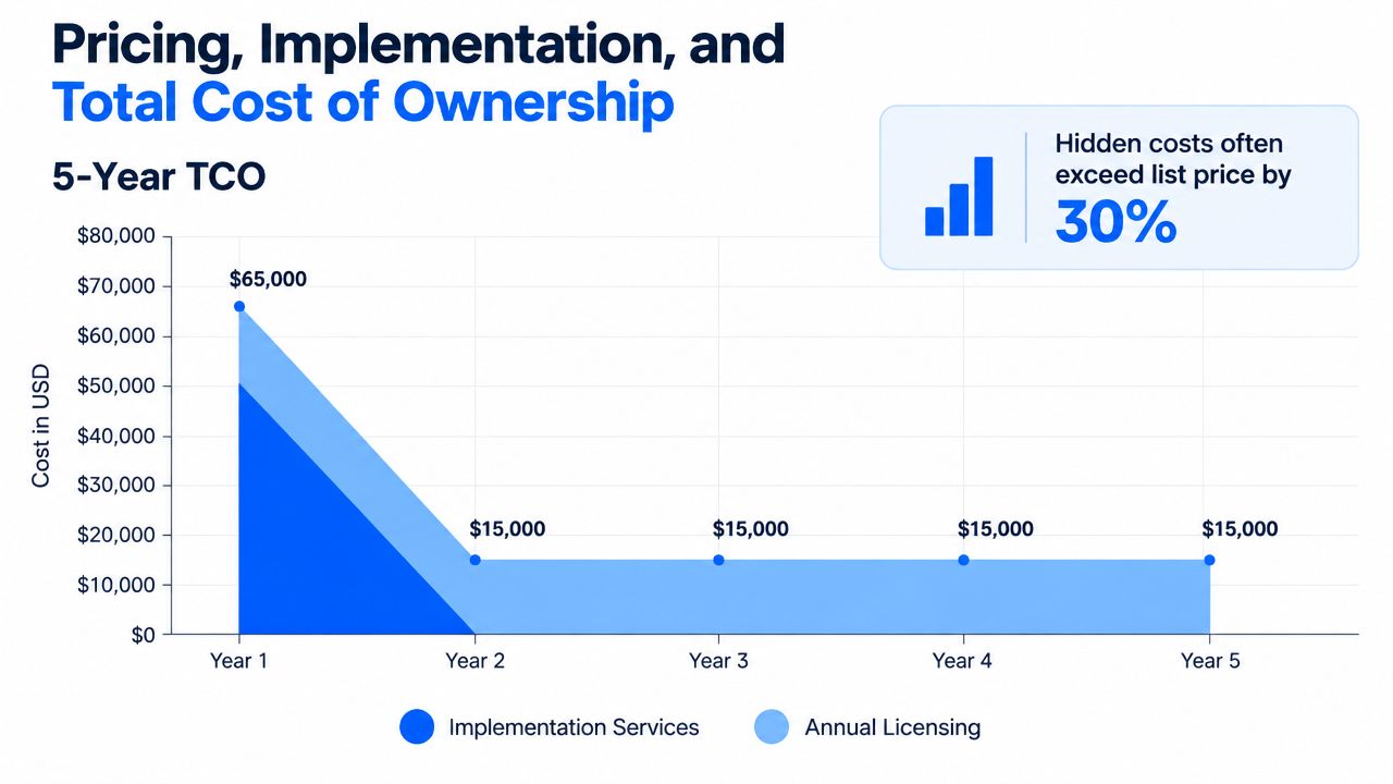 A 5-year total cost of ownership chart comparing implementation services costs versus annual licensing costs.