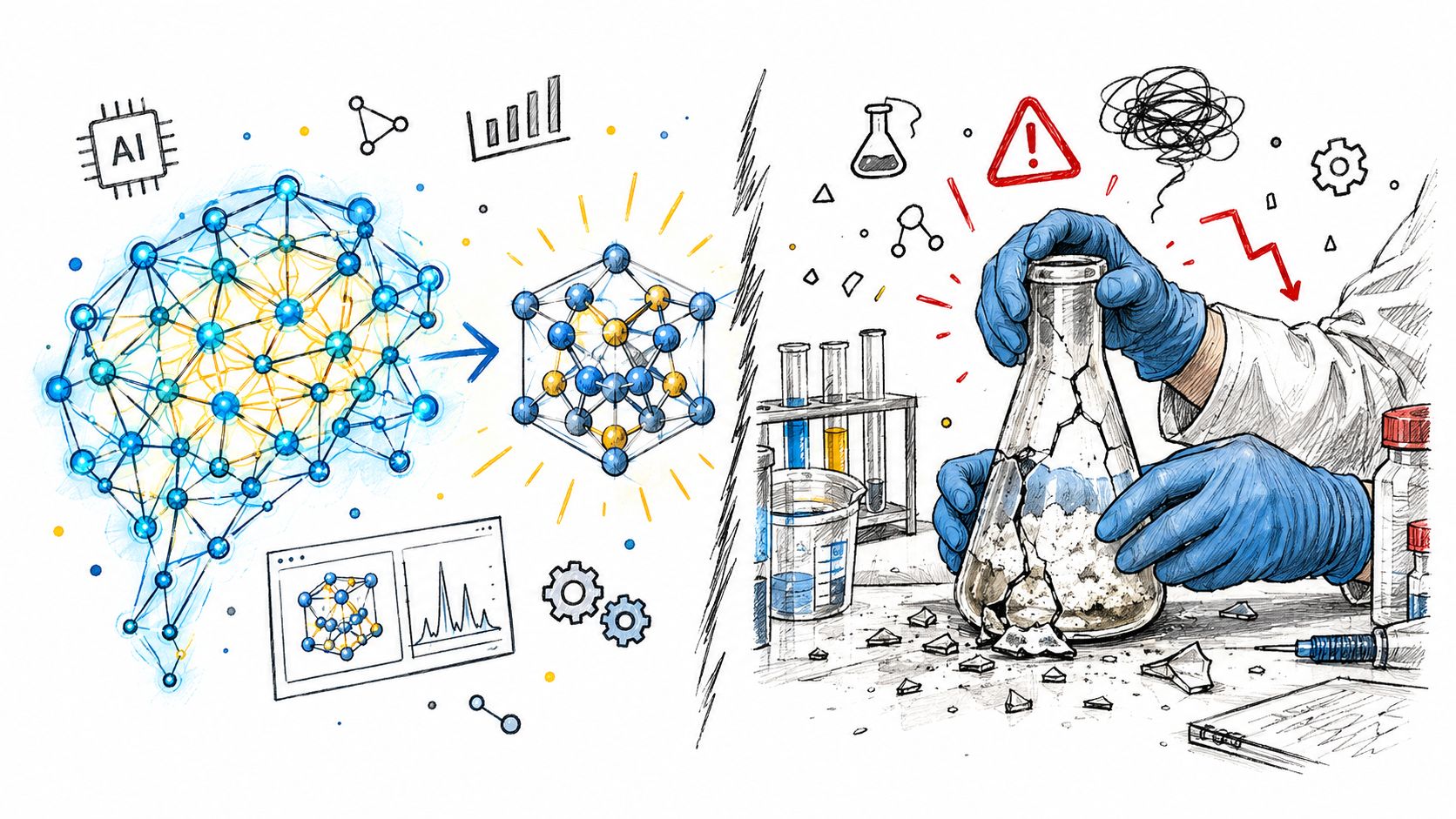 An illustration contrasting AI-driven materials design with a broken laboratory experiment and failed scientific research.