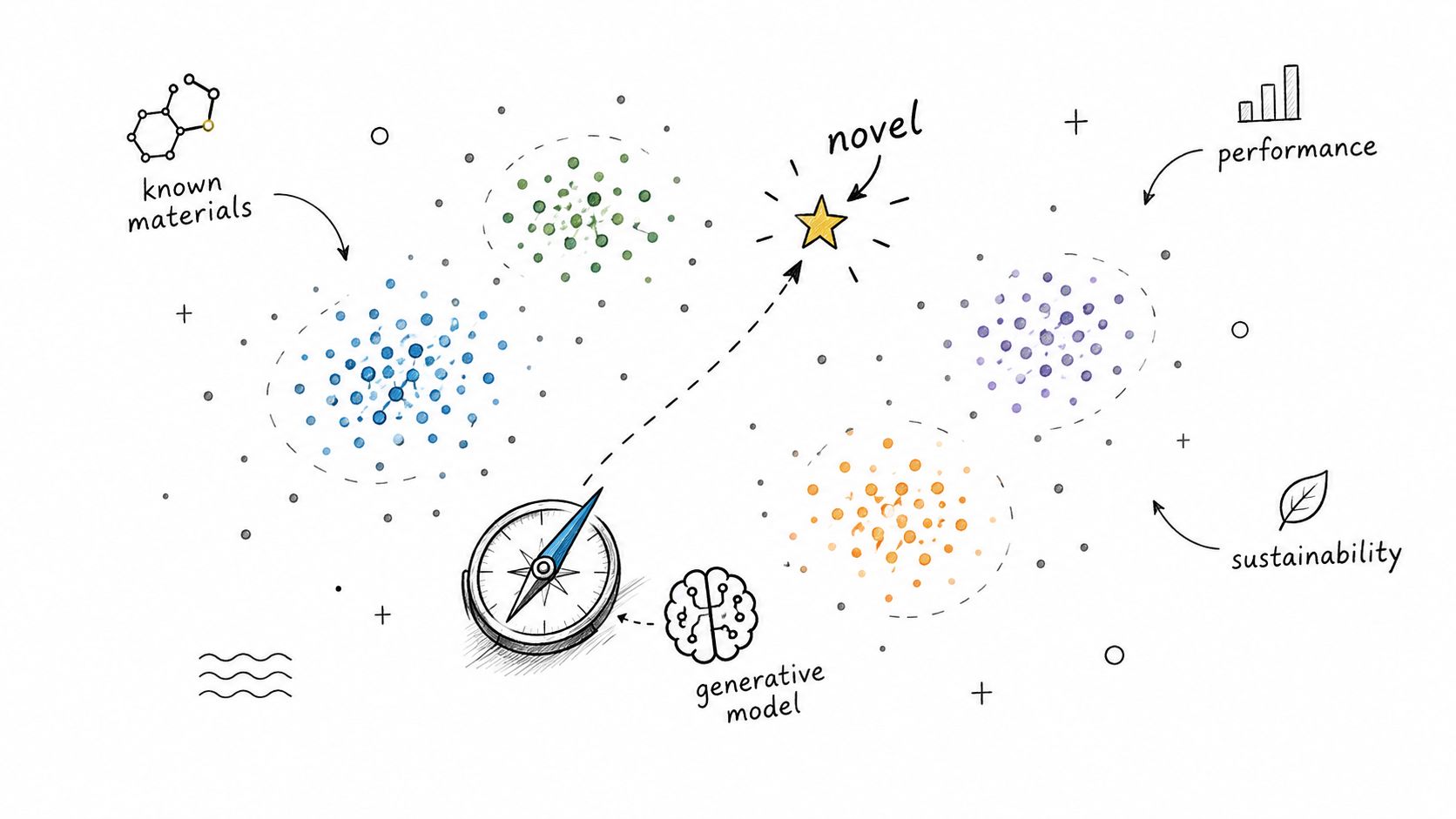Conceptual illustration showing a generative model as a compass guiding toward new, sustainable, and high-performance materials.