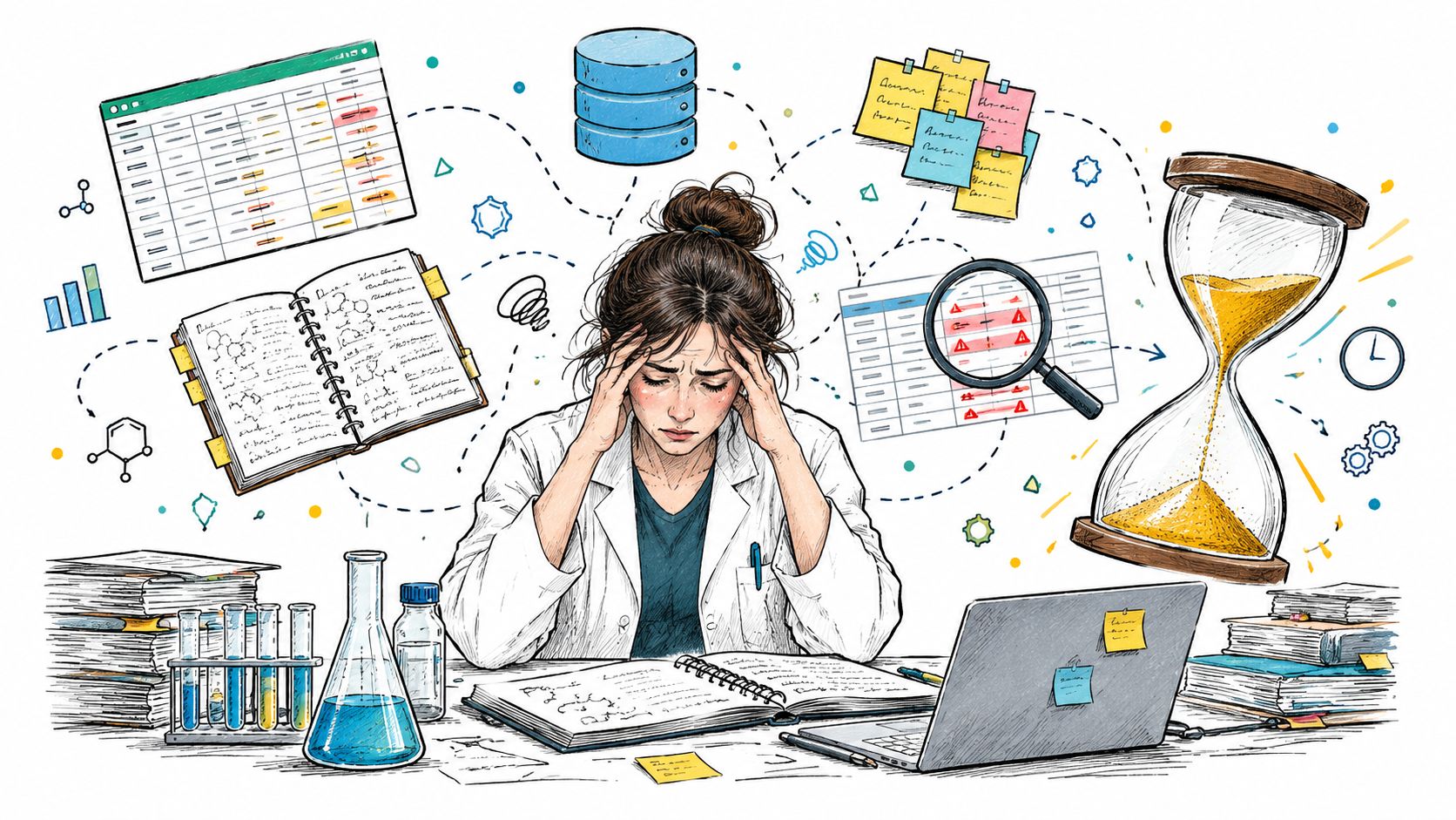 A stressed scientist sitting at a desk surrounded by data spreadsheets, research notes, and laboratory equipment.