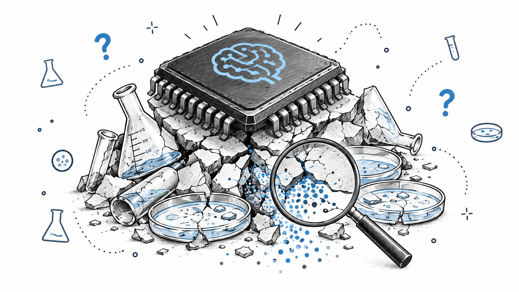 A digital illustration showing a computer chip surrounded by scientific laboratory glassware and a magnifying glass.