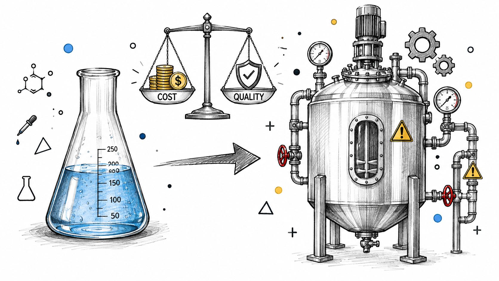 A conceptual diagram showing laboratory liquid scaling up to industrial processing equipment with cost and quality balance.