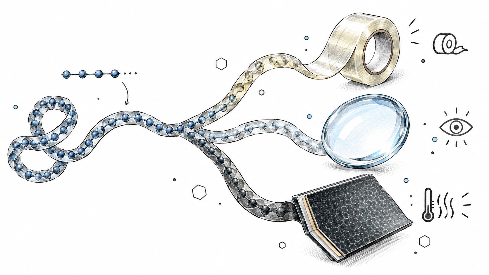 A conceptual illustration showing a polymer chain diverging into three different scientific applications or research techniques.