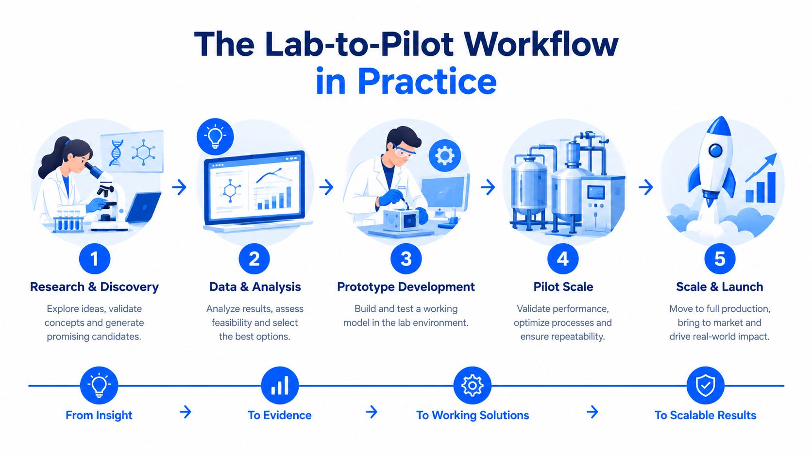 An infographic showing the five-step lab-to-pilot workflow for developing products from research to final scale launch.