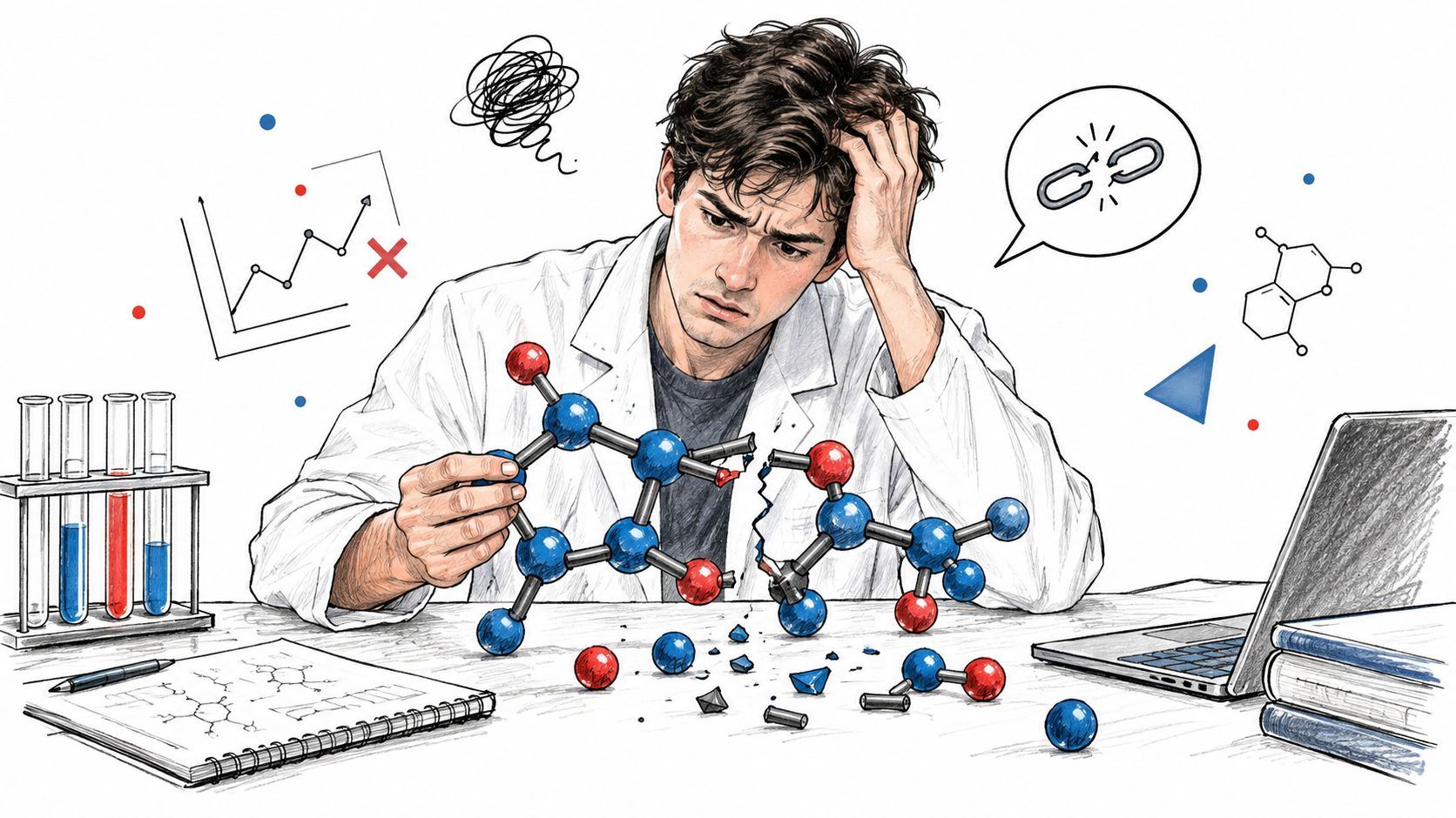 A frustrated scientist sits at a desk examining a broken molecular model, illustrating research and data failure.
