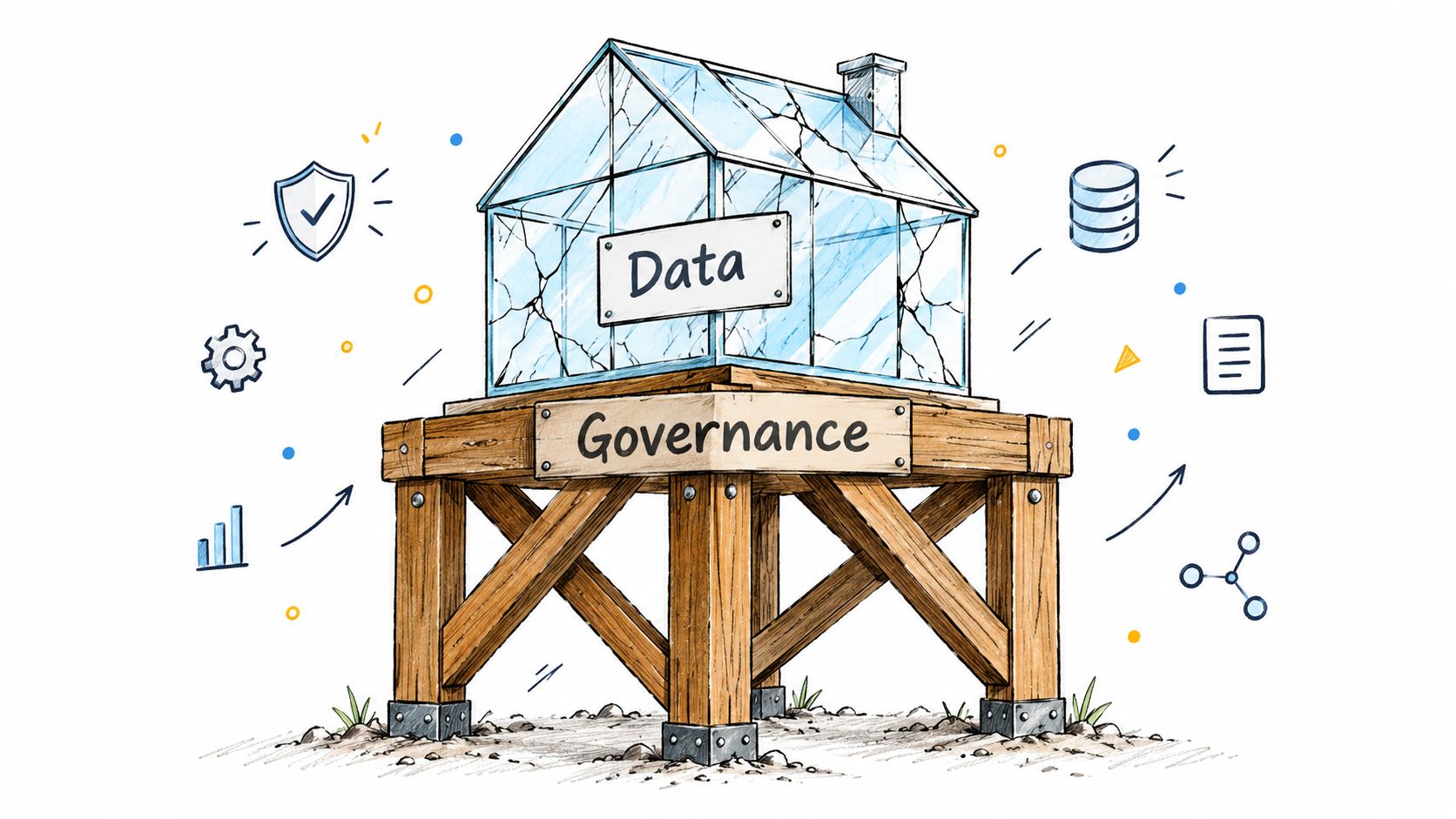 A glass house labeled Data sits atop a sturdy wooden platform labeled Governance, illustrating data governance concept.