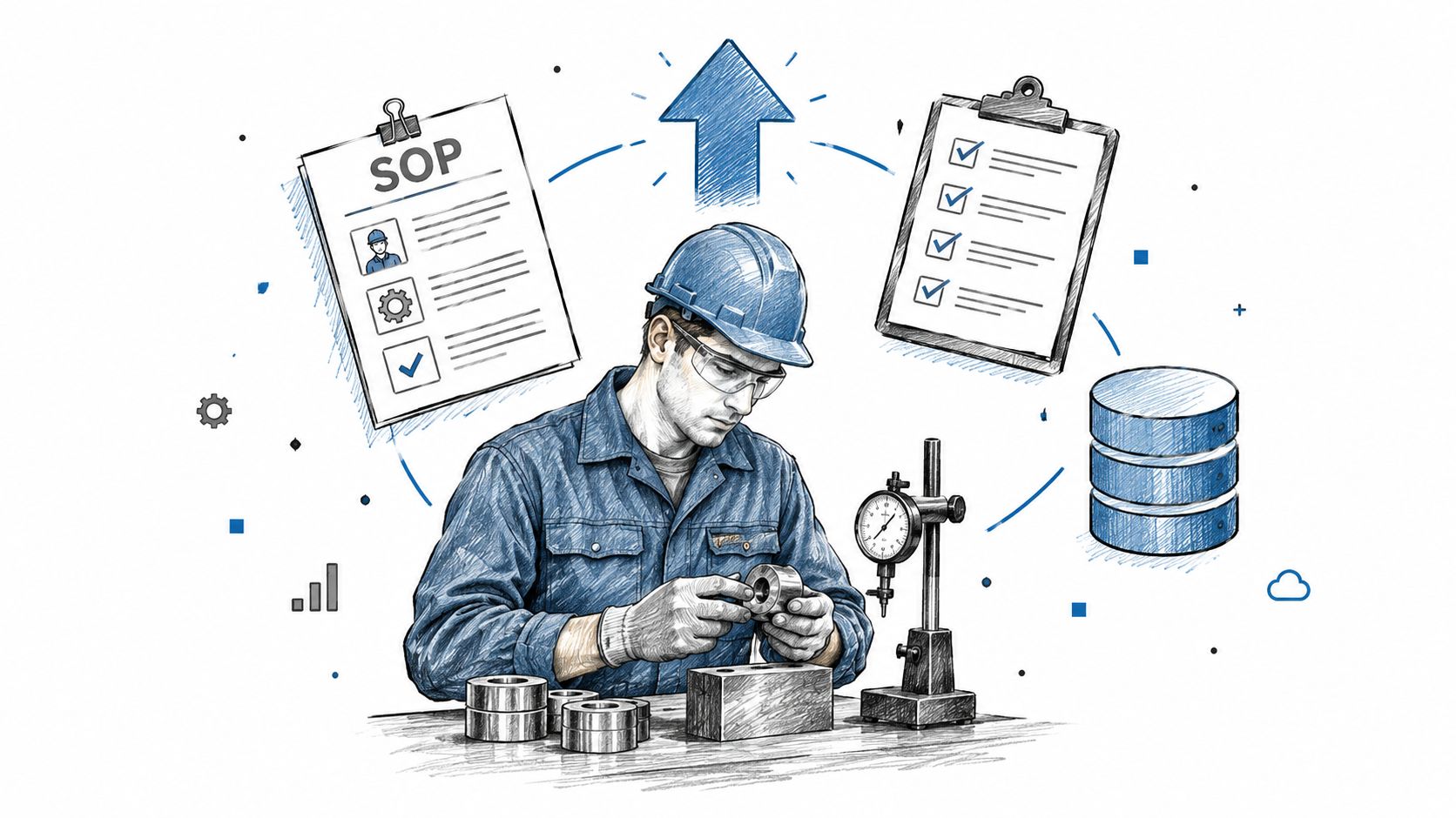 A technician performing precise quality control inspections on metal parts in a modern industrial manufacturing facility.