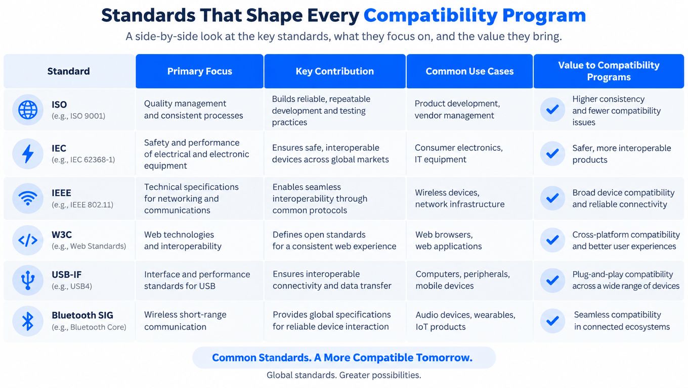 A chart comparing key global standards like ISO, IEEE, and USB-IF that facilitate device compatibility programs.