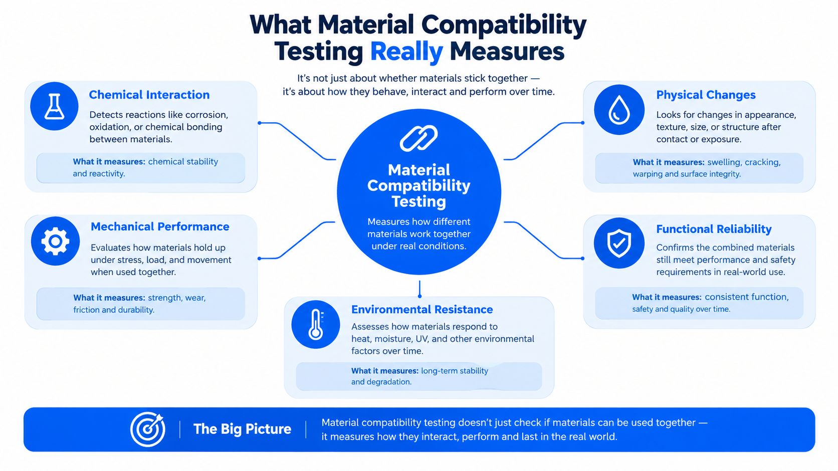 A diagram explaining material compatibility testing and the five key factors it measures for real-world performance.