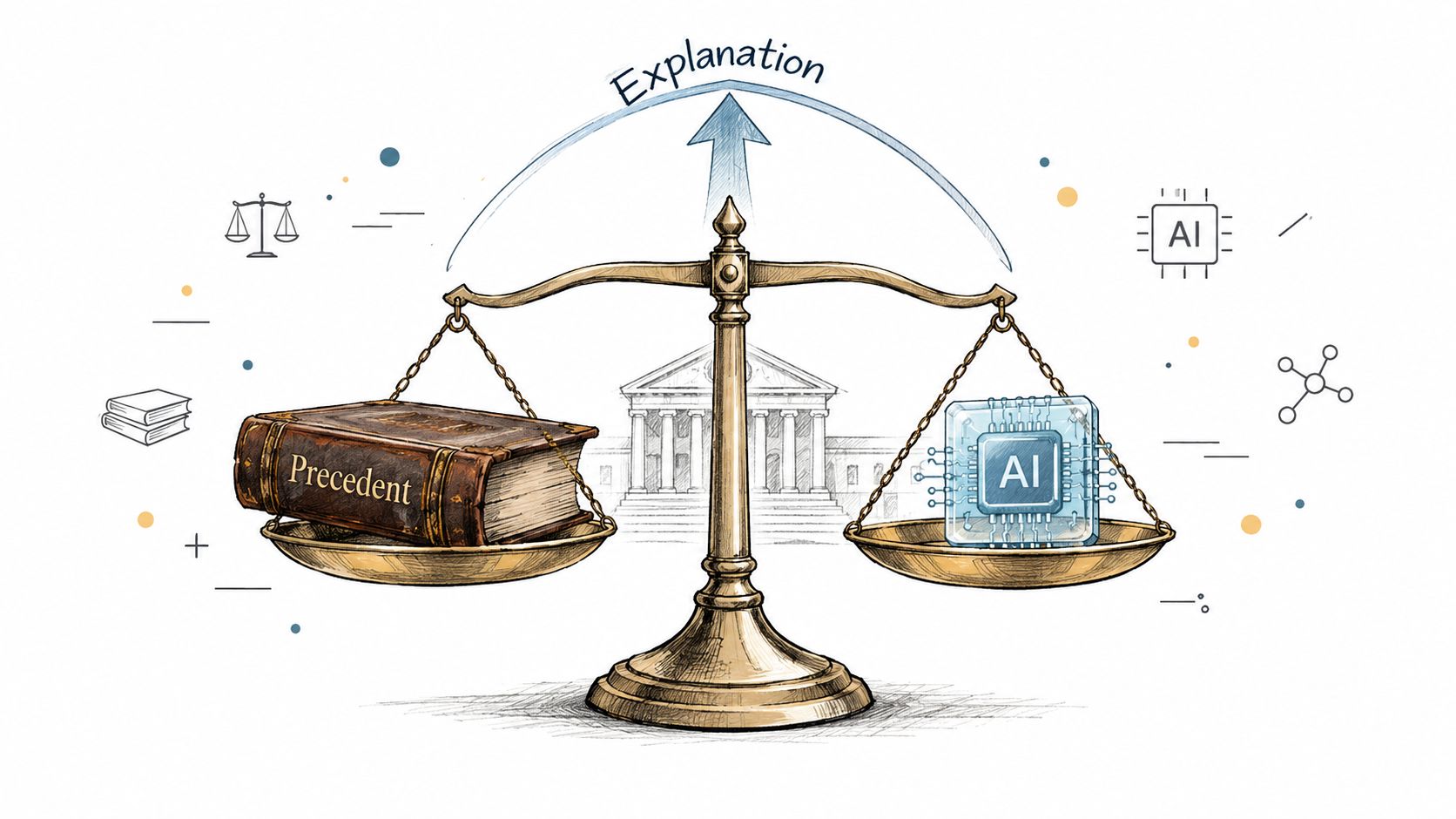 A scale balancing a book representing legal precedent on one side and an AI chip on the other.