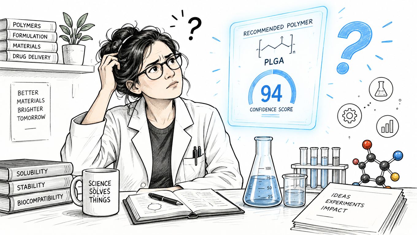 A scientist in a lab coat looks thoughtfully at a digital screen recommending PLGA polymer for research.