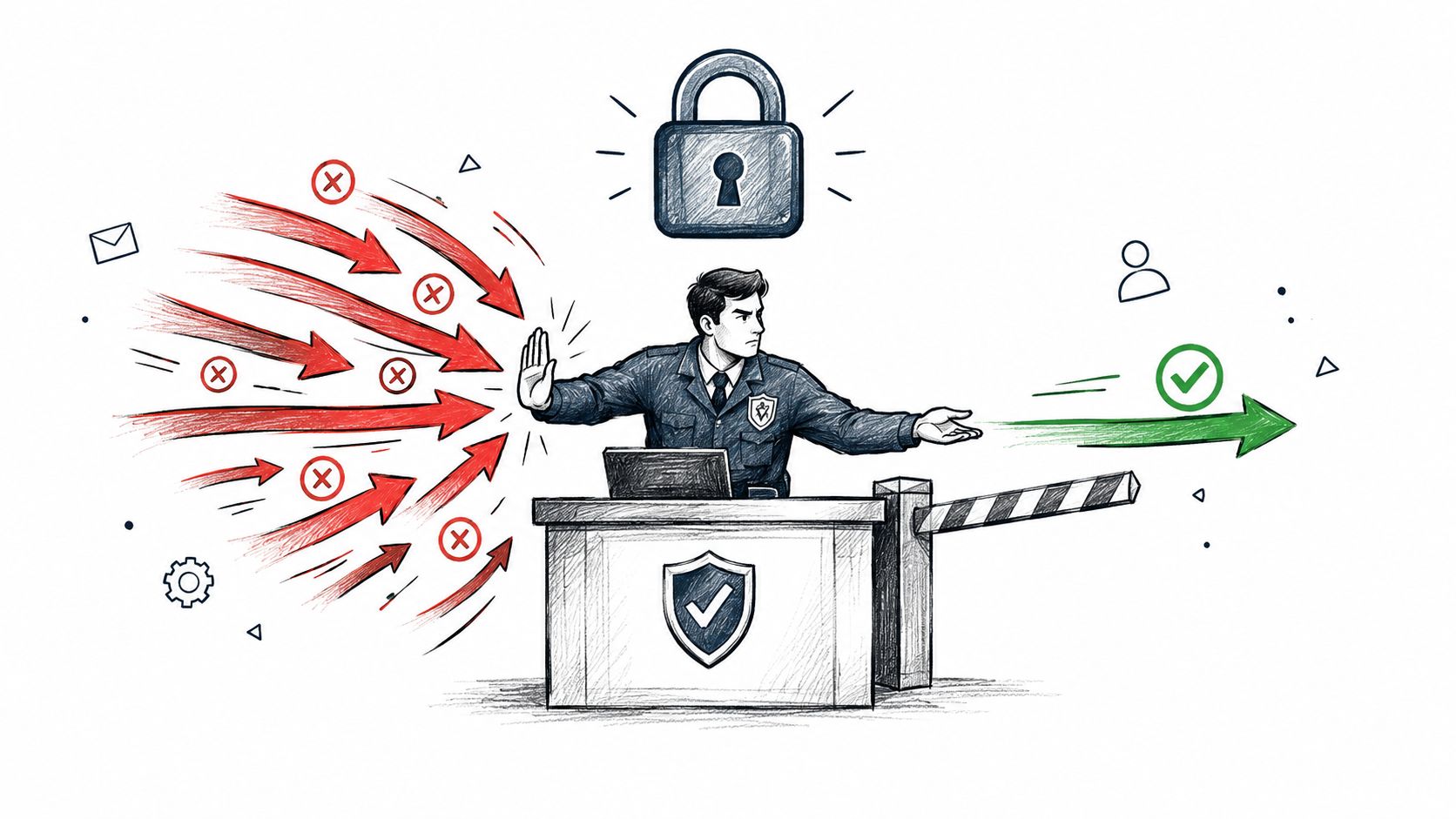 A security guard at a gate blocking red arrows while allowing a single green arrow to pass.
