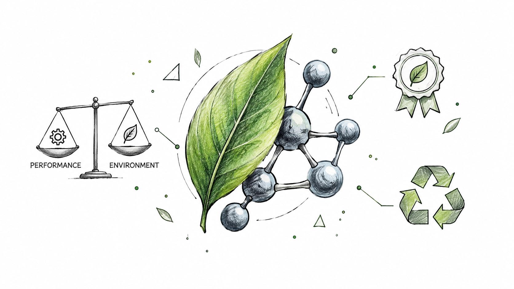 A hand-drawn illustration showing a balance scale between performance and nature, a green leaf, and sustainability icons.