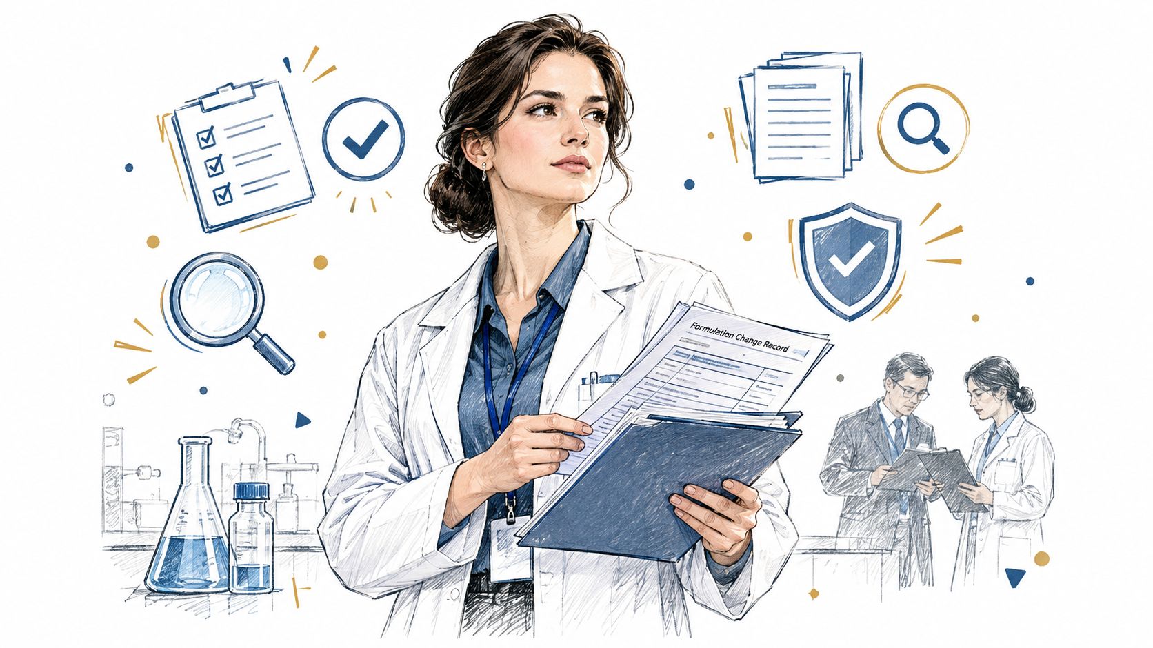 A professional scientist holding a formulation change record document with lab equipment and compliance icons in background.