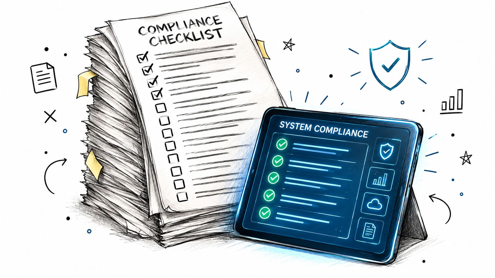 A stack of compliance checklists next to a digital tablet displaying a system compliance dashboard.