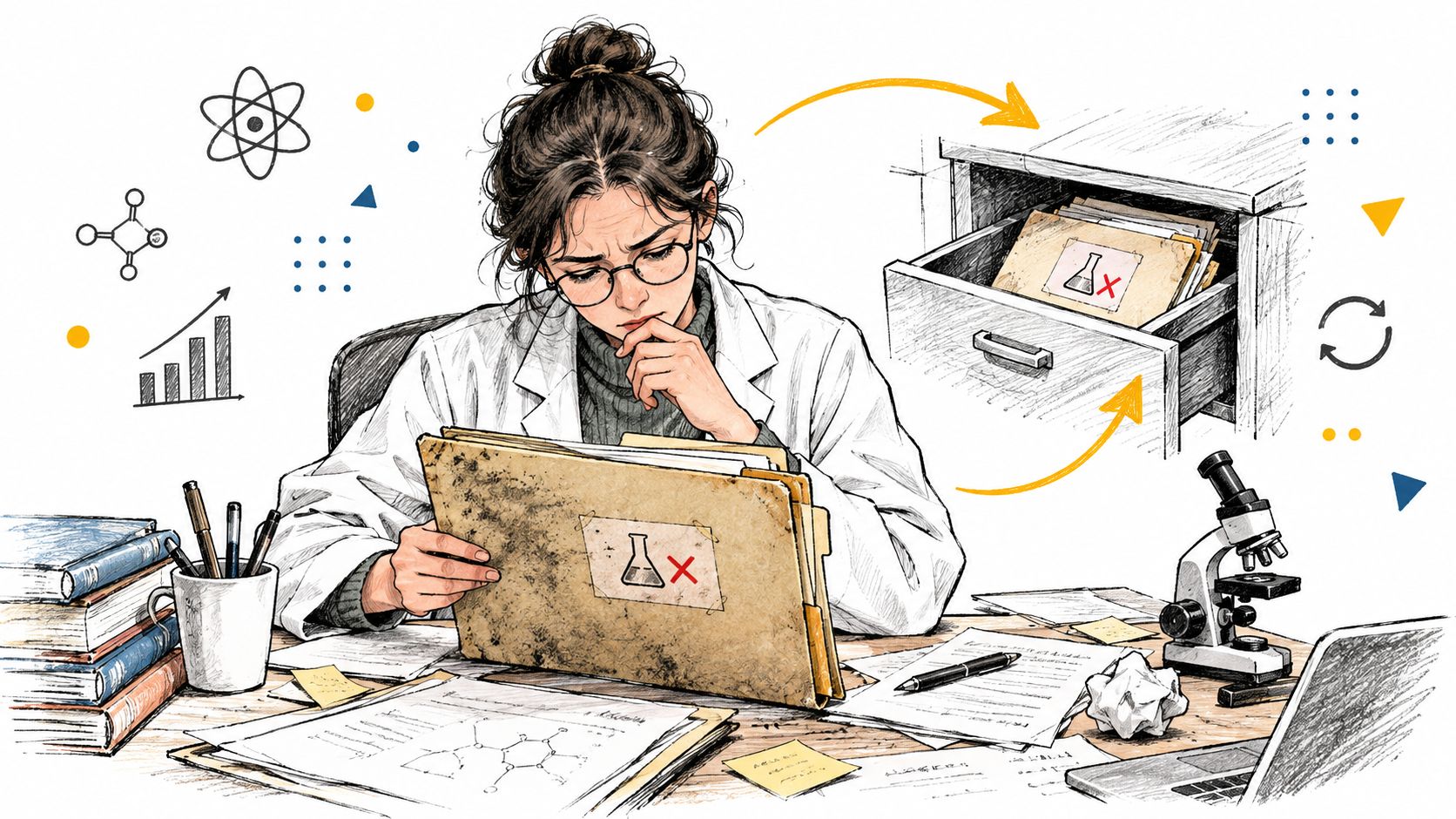 A scientist sitting at a desk studying a file with a lab symbol, looking confused.