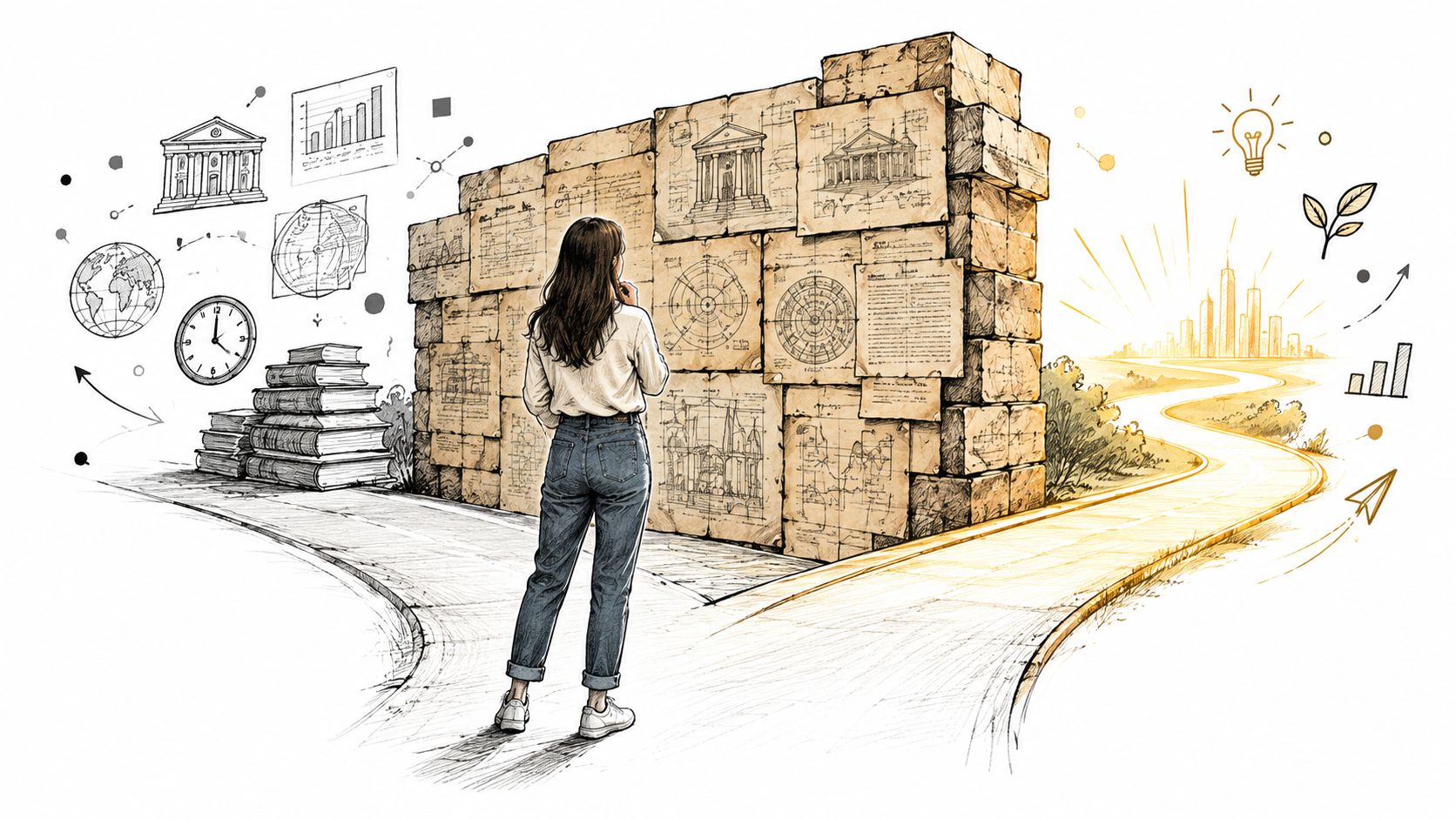 A person standing before a stack of architectural blueprints and books, contemplating a path to a bright future city.