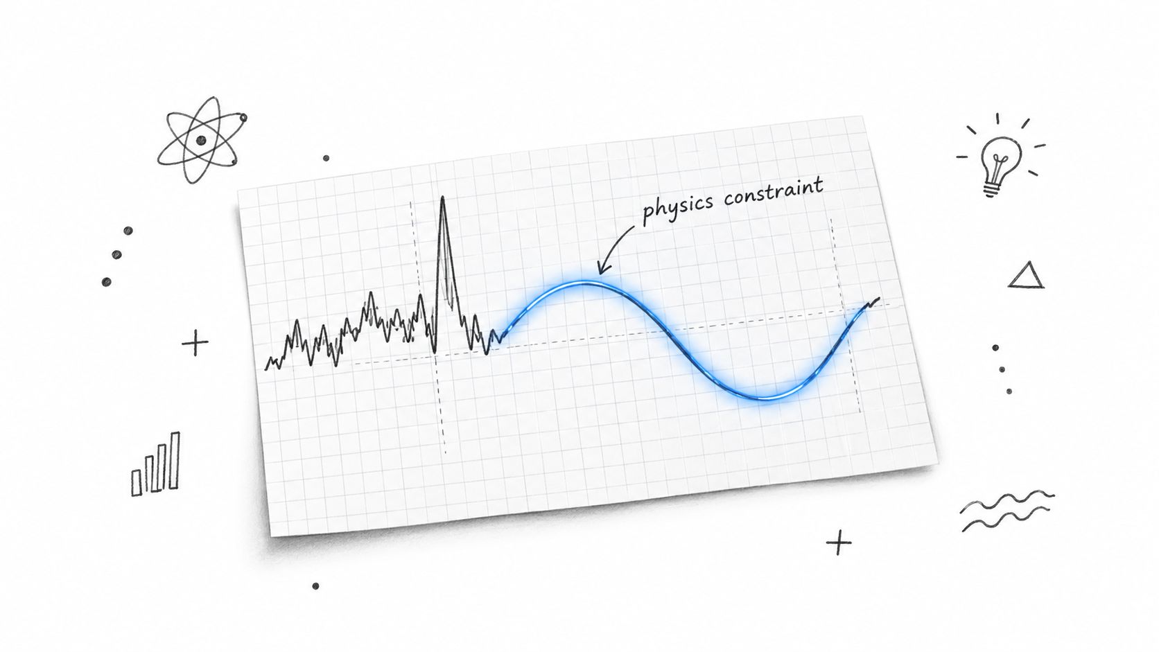 A hand-drawn graph on graph paper showing a chaotic line transitioning into a smooth physics-constrained sine wave.